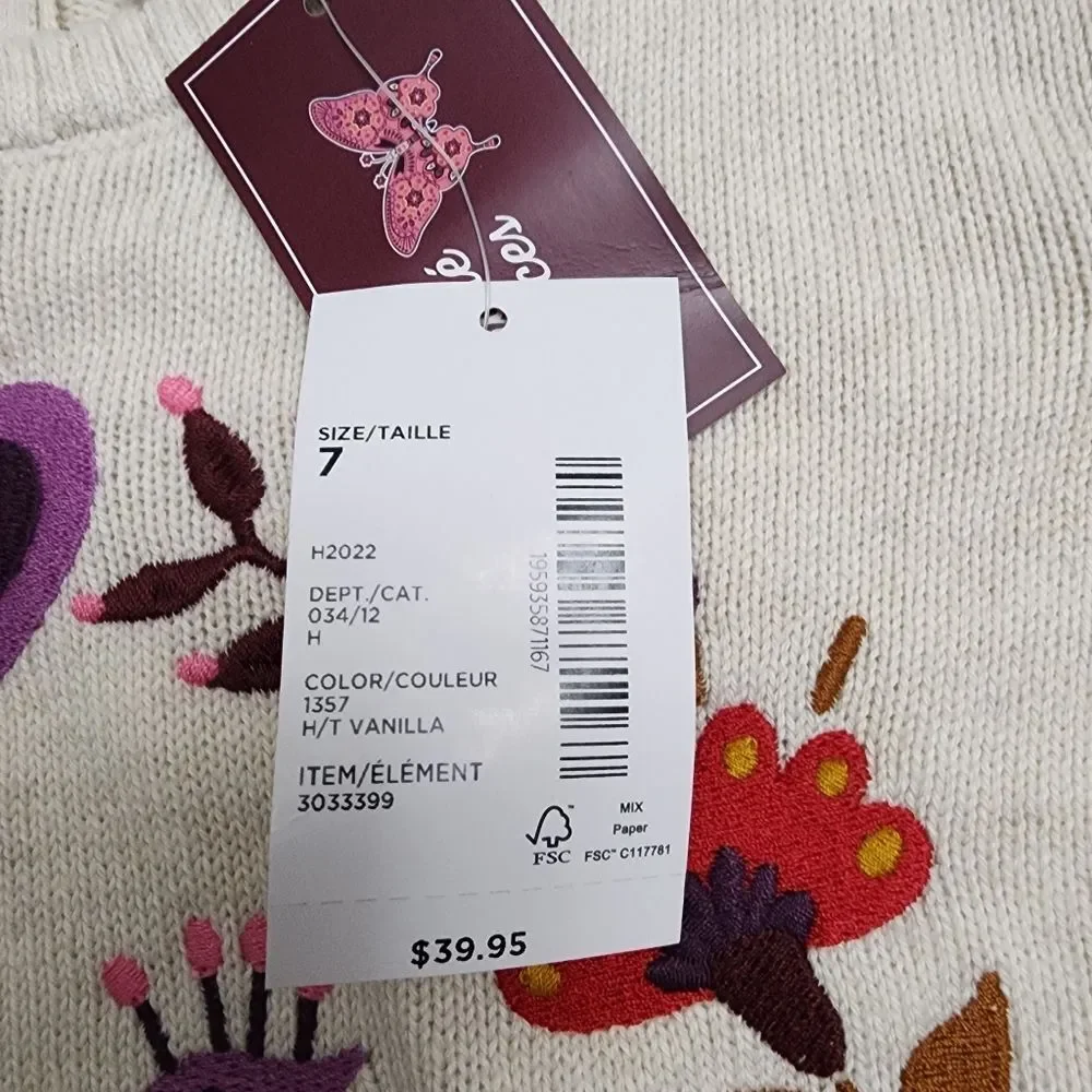 Gymboree Girls Purple Birds & Flowers Embroidery Wreath Knit Sweater Size 7 NEW